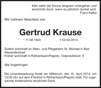 Traueranzeige von Gertrud Krause von Pegnitz-Zeitung